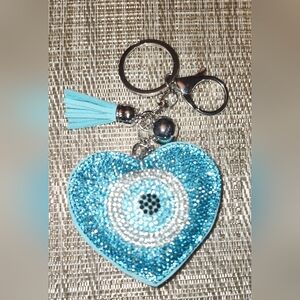 Sparkling Blue Heart Evil /3rd Eye Keychain with Tassel